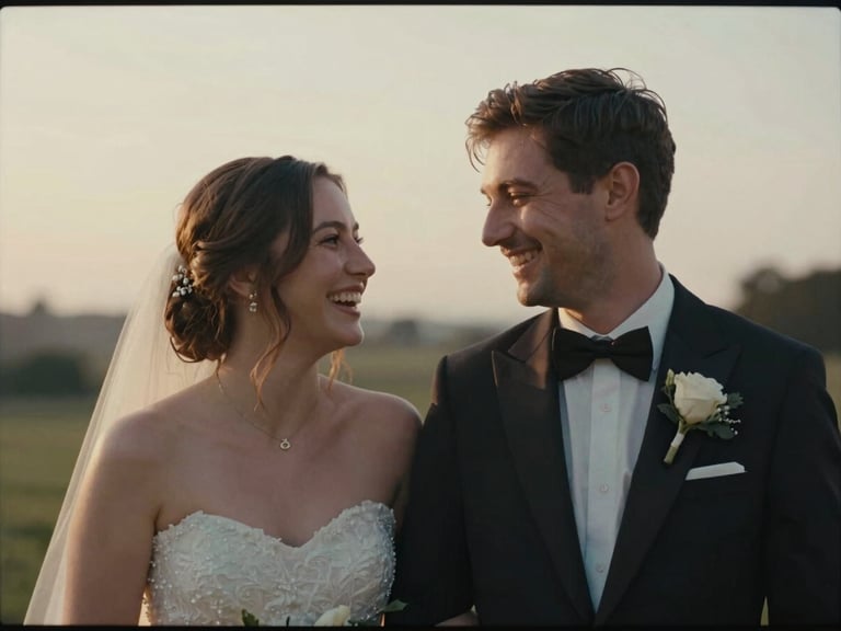 Documentary wedding photo of a couple sharing a quiet laugh in soft overcast daylight, rich muted tones, shallow depth of field, 35mm film style.
