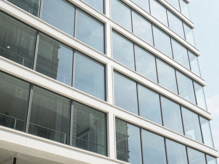 Bright natural daylight reflecting off a modern glass corporate office building, sharp architectural angles, clean white steel frame, 35mm photography
