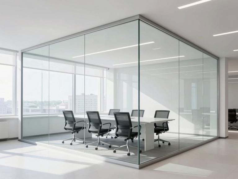 Modern glass-walled boardroom in St. Petersburg, bright daylight, minimal white furniture, clean architectural lines