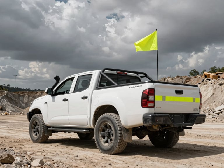 Low-angle environmental shot of a white mining-spec pickup truck with high-visibility safety flag and roll cage, parked in a dusty open-pit mine, dramatic overcast sky, high-contrast desaturated tones