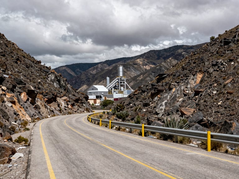Wide environmental shot of an industrial road winding through a rugged mountain pass in Zacatecas, Mexico, with a silver mining facility visible in the distance under a dramatic overcast sky.