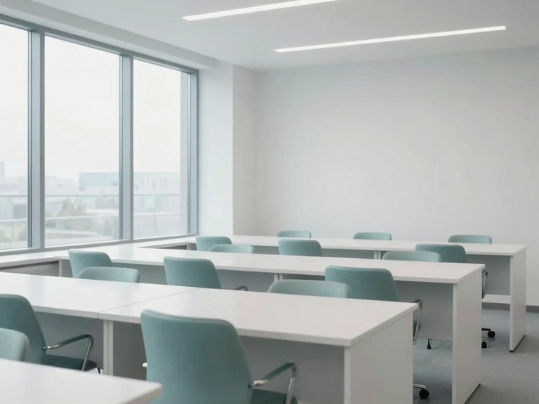Aydınlık, ferah bir ofis ortamı, düzenli masalar, modern mobilyalar, ışık yansıtan cam yüzeyler.
