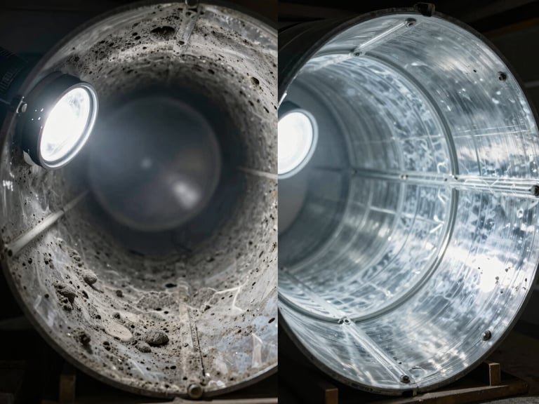 Close-up documentary split showing two sections of the same metal duct interior side by side under bright work-site flashlight: left half coated in thick grey dust and dark mold clusters, right half freshly cleaned bare metal reflecting the light, no color grading, high contrast, overhead angle inside the duct