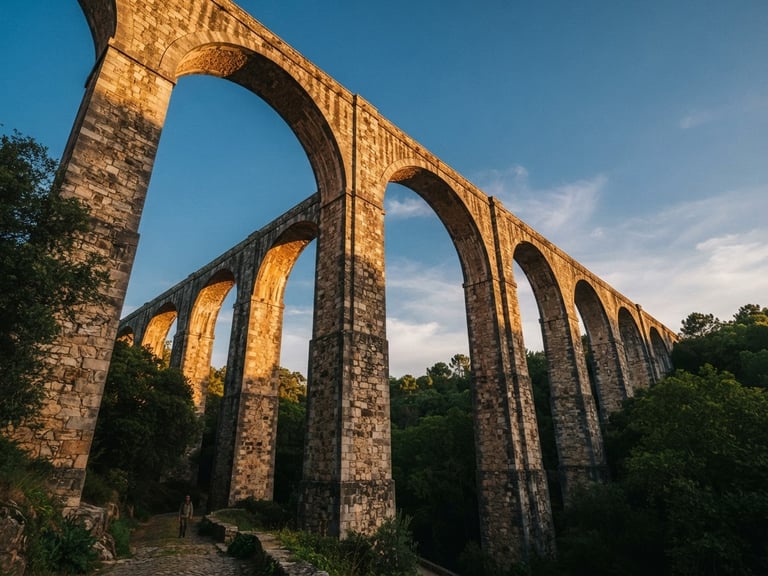 Low angle shot of the monumental 18th-century stone aqueduct arches rising high into the sky, warm golden hour light casting long shadows on the stone masonry, deep forest green foliage in the background, warm editorial travel photography style.