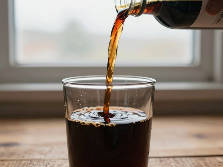 Close-up of dark liquid fish fertilizer concentrate being poured into a glass container on a wooden surface, natural overcast window light, earthy tones, no labels visible