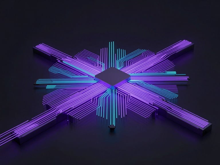 Sleek 3D render of structured system architecture, glowing violet light pathways, dark background, cinematic studio lighting, octane render