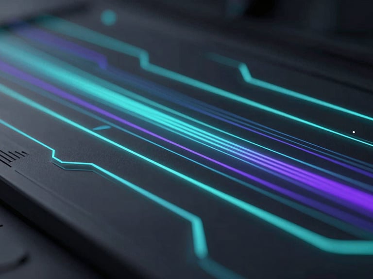 Macro shot of a clean technical interface, moody ambient lighting with electric-cyan edge-lighting, professional abstract technology
