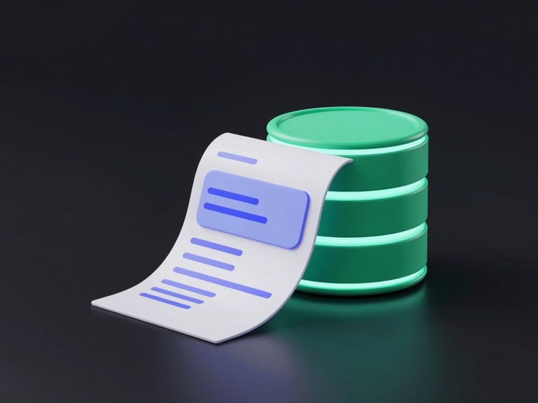 Sleek 3D render of abstract digital documents flowing into a glowing database icon, dark mode, emerald green accents, minimalist tech aesthetic