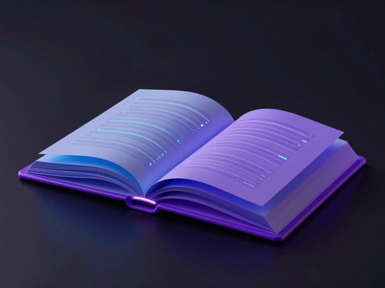 Sleek 3D render of an open book with glowing data streams emanating from pages, dark mode, purple accents, minimalist tech aesthetic