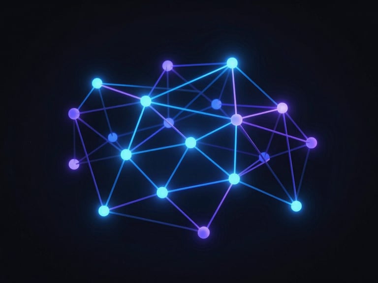 Sleek 3D render of an abstract AI neural network with glowing nodes and electric blue connections, dark mode, minimalist tech aesthetic