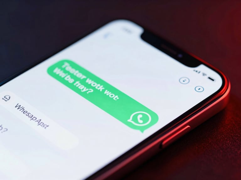 Close-up of a smartphone screen showing a WhatsApp chat interface with a quick response from a customer service agent, modern and clean design, red neon accent, cool ambient light, shallow depth of field.