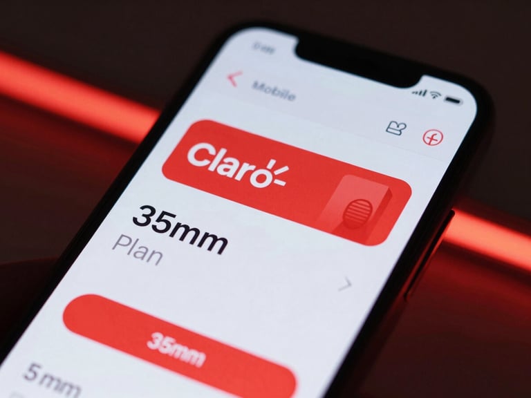 Close-up of a modern smartphone displaying a Claro mobile plan dashboard, glowing red UI elements, shallow depth of field, cool ambient light with warm red neon accents, sleek modern aesthetic, 35mm