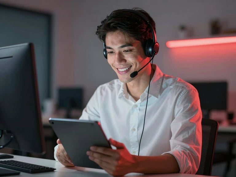 Friendly customer service agent smiling, interacting with a client via tablet, cool ambient light, subtle red glow, shallow depth of field.