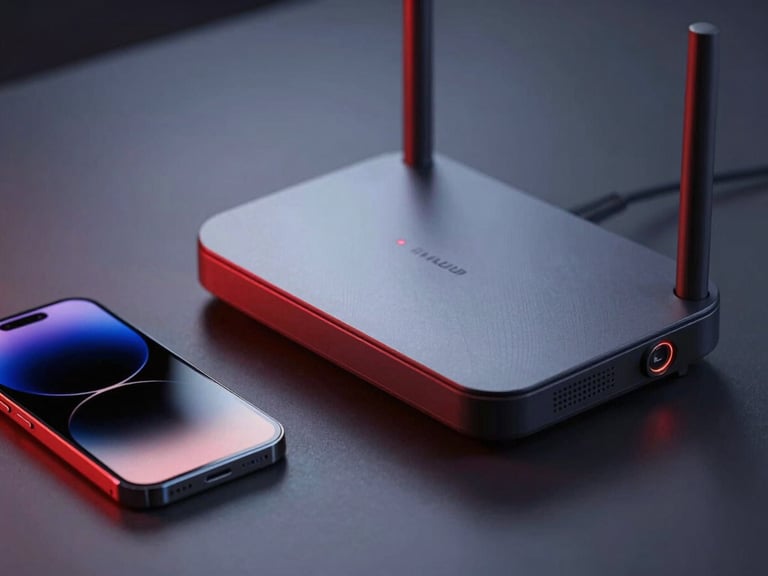 Sleek, modern router next to a smartphone, both with subtle red glows, representing a complete connectivity solution, cool ambient light, shallow depth of field.