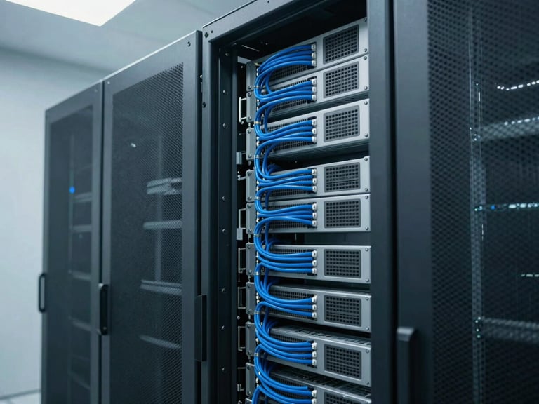 Cool industrial tech photography of pristine server racks with immaculate blue cabling in a secure datacenter, cool overcast mountain daylight tones, sharp focus, 35mm