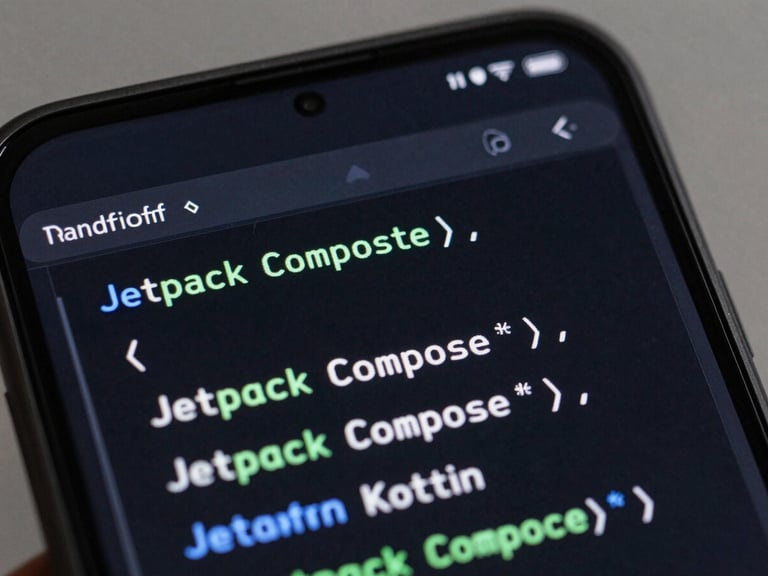Extreme macro shot of a flagship Android screen at an angle, showing a clean Jetpack Compose Kotlin code block glowing with subtle green and blue syntax highlighting against a dark IDE theme.