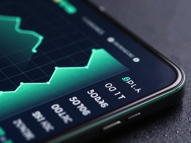 Extreme macro shot of a sleek Android smartphone screen showing a highly detailed, dark-themed financial dashboard with neon-mint graphs, dramatic studio lighting with subtle green edge-glows, right-aligned composition.