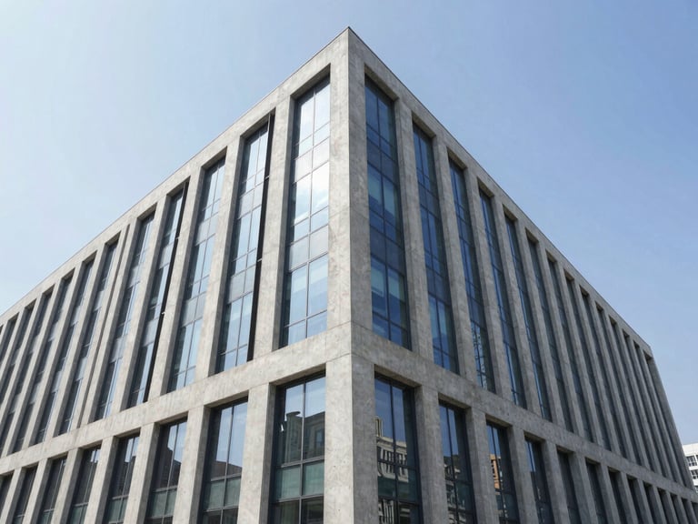 Wide-angle exterior photograph of a modern commercial concrete and glass building, clean geometric lines, bright daylight reflecting off glass windows.