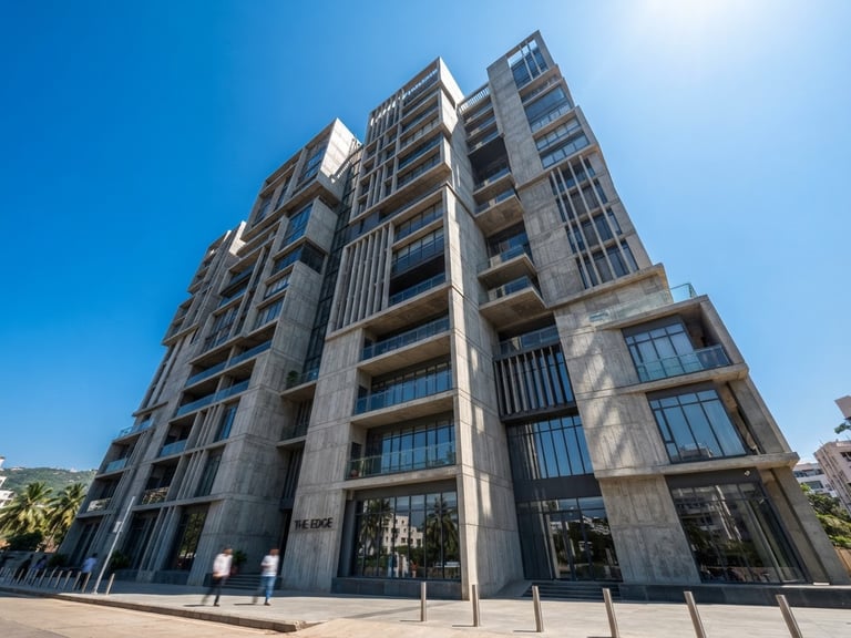 Low-angle architectural perspective of a modern multi-story concrete building facade in Visakhapatnam, bright midday sun, sharp shadows, clear blue sky background.