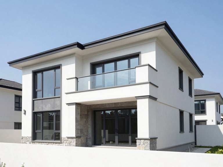 Sharp architectural photograph of a premium modern two-story residential villa, crisp white walls, gray stone accents, bright natural daylight.