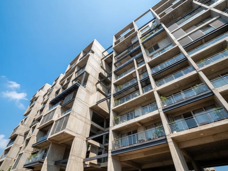 Low-angle architectural shot of a modern concrete and steel residential building facade in Visakhapatnam, bright midday sun highlighting structural geometry, clean blue sky