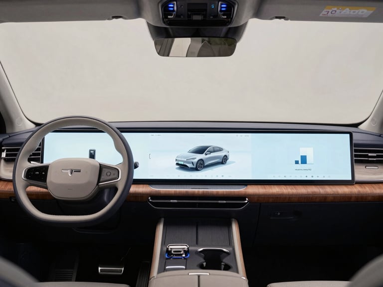 Wide panoramic view of Jaecoo J8 front dashboard, massive dual panoramic screen illuminated, floating center console, refined wood trim accents under subtle ambient light