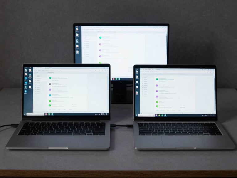 Wide overhead shot of a developer workstation showing two Android devices side by side on a grey desk, screens displaying compatibility test results and device logs, even diffuse studio lighting, no people, technical workspace context