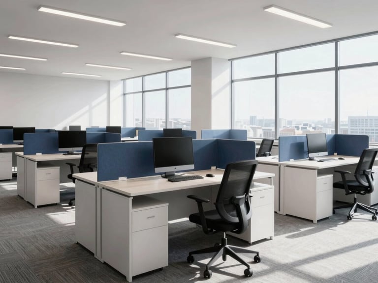 Bright modern corporate office environment with clean desks, professional administrative setting, natural window light, professional slate and navy tones, sharp focus