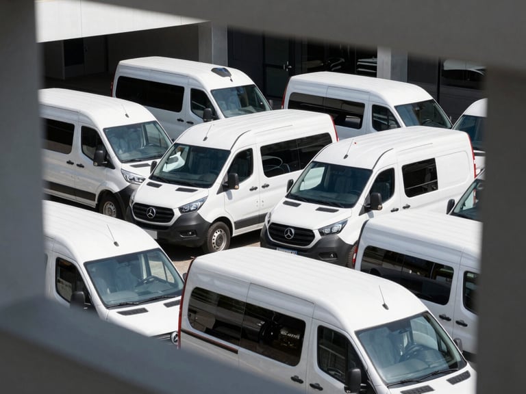 Immaculate white medical transport vans parked in a structured row under bright daylight, clean corporate fleet facility, architectural framing, sharp focus