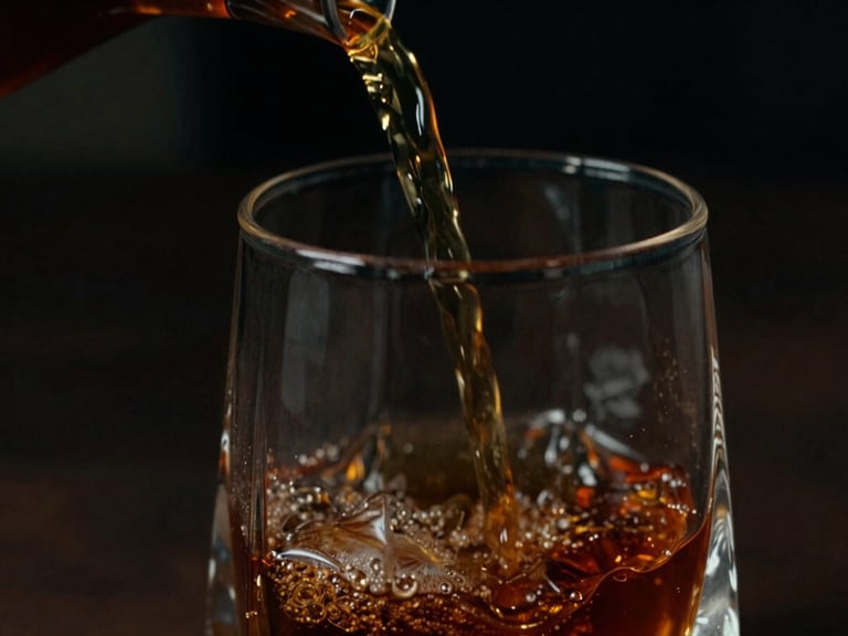 Moody close-up of amber liquid pouring into a heavy-bottomed geometric crystal glass under low-key directional light, dark background, 35mm film