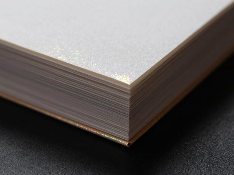 Sharp macro photography of heavy cardstock with glossy spot-UV coating reflecting light, shallow depth of field, 50mm