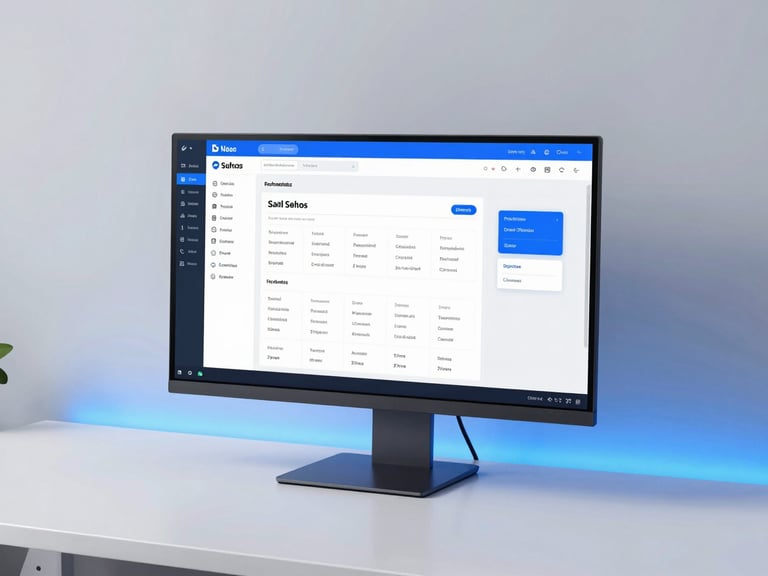 Modern ultra-wide monitor displaying a high-end SaaS dashboard interface, clean white desk, electric blue ambient glow, sharp focus