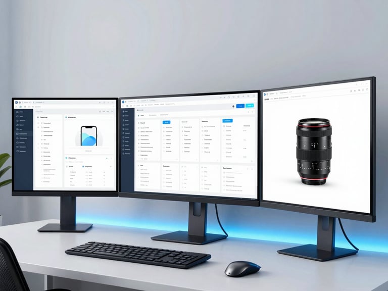 Modern tech workspace with ultra-wide monitors displaying clean UI design, bright studio lighting, subtle electric blue ambient glow, 35mm lens