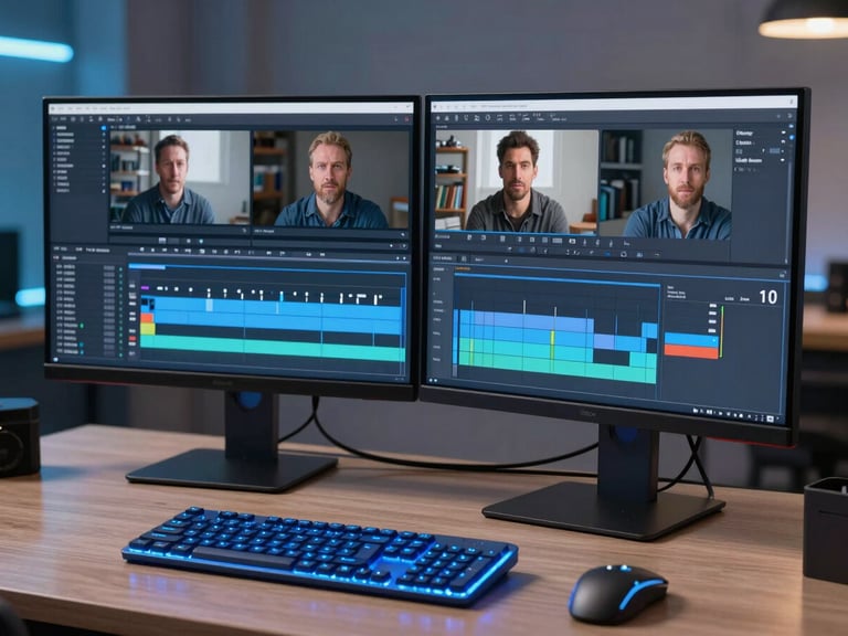 Professional video editing software timeline on a dual monitor setup, glowing blue keyboards, dim creative studio, sharp focus