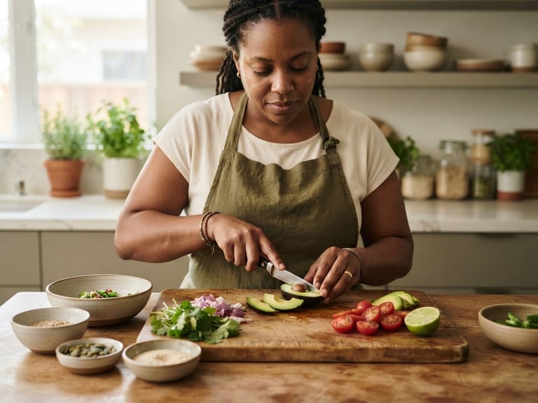 Warm editorial photograph, soft natural daylight, a diverse person of medium build preparing nutrient-dense whole foods in a modern kitchen, shallow depth of field, focus on hands and fresh ingredients, muted organic tones.