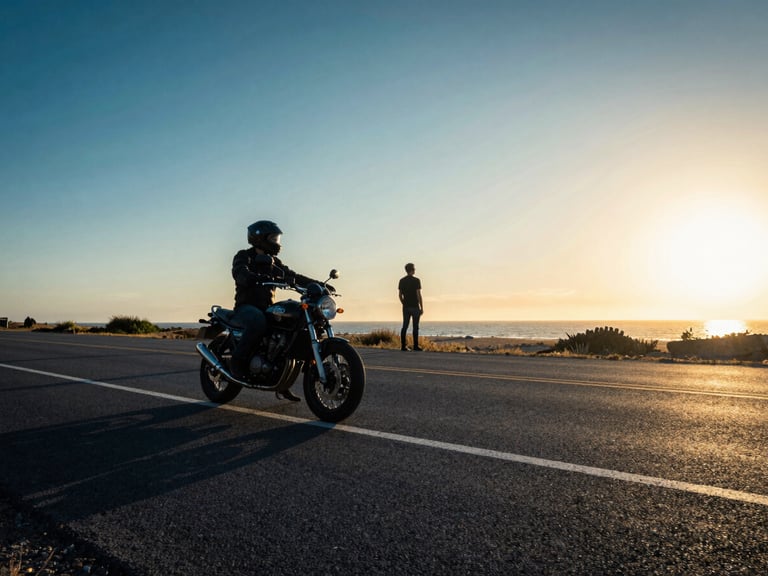 A motorcycle parked on the side of an empty coastal highway at sunset, rider standing nearby looking at the horizon, wide-angle cinematic shot, high-contrast blue and warm yellow tones
