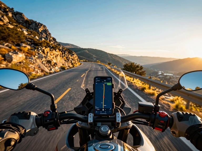 First-person perspective over motorcycle handlebars at golden hour, phone mounted securely showing a high-contrast dark blue navigation route, winding mountain road stretching ahead, cinematic lighting