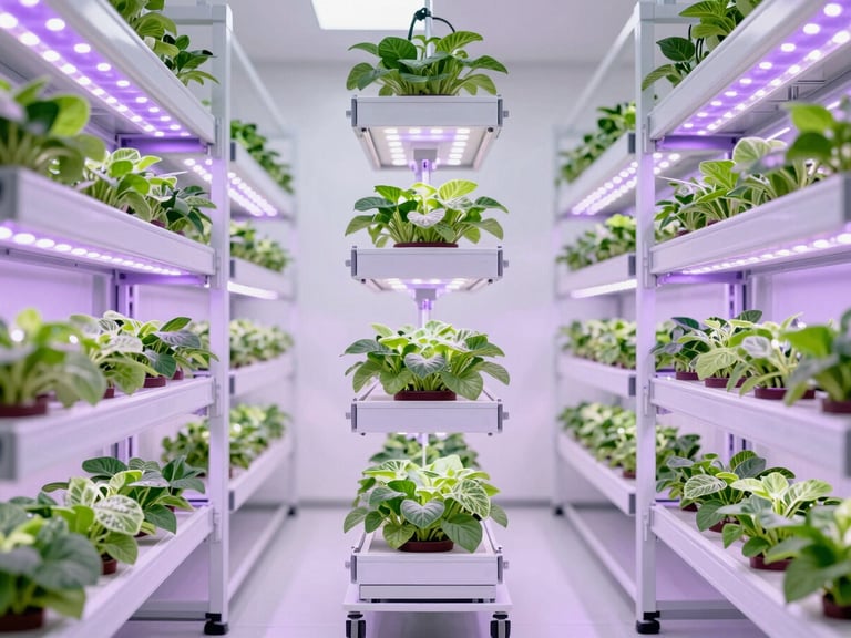 Crisp architectural wide shot of automated vertical growing racks with glowing purple and white LED arrays in a sterile, white indoor farming facility, clean-room aesthetic, 35mm photography