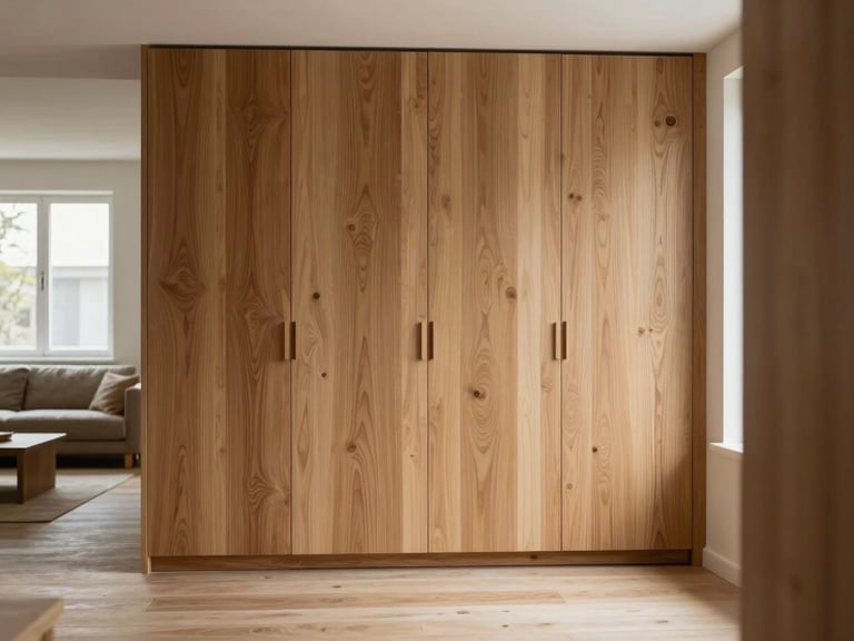 Straight-on architectural composition of finished white oak cabinetry integrated into a minimalist modern living room, natural side-lighting, rich timber tones, shallow depth of field