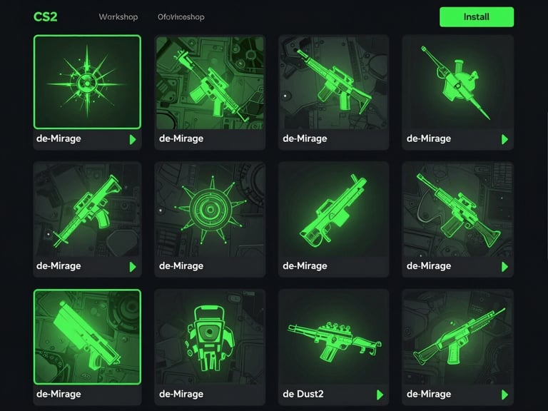 Web interface showing a grid of CS2 workshop maps like de_mirage and de_dust2 with a green install button, high contrast dark theme