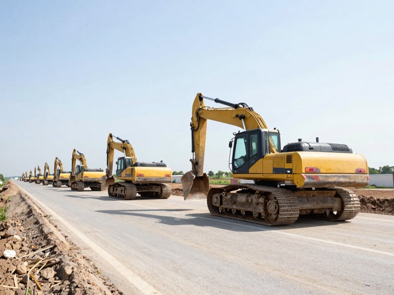 Wide-angle shot of heavy excavators and rollers compacting soil on a wide highway corridor under bright natural light.