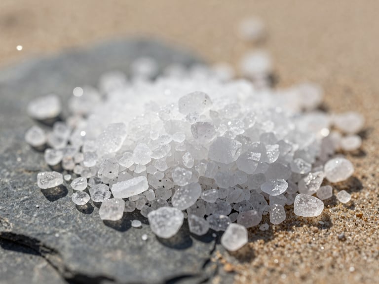Extreme close-up of coarse hand-harvested salt crystals sparkling in natural sunlight, shallow depth of field
