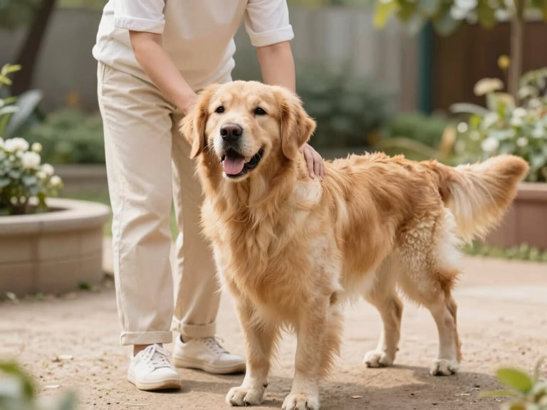 A warm, natural photo of a canine educator gently guiding a happy golden retriever through an enrichment garden, soft daylight, editorial style