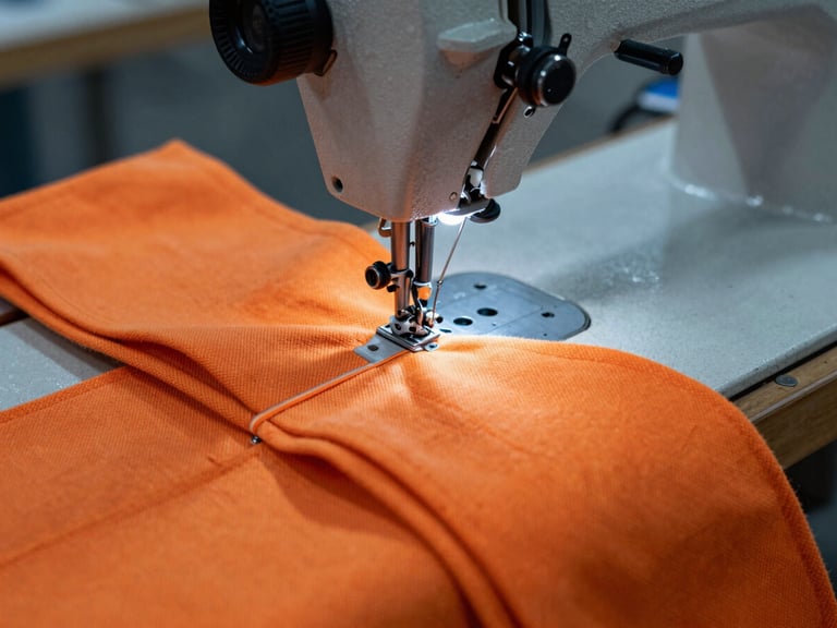 Macro shot of a heavy industrial sewing machine triple-stitching a thick safety-orange canvas sleeve, cold workshop light, metallic details visible.