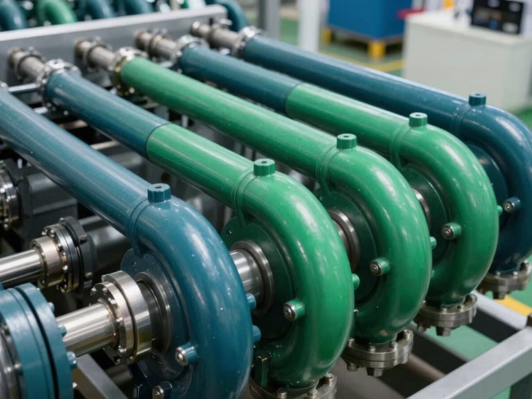 Close-up de um trocador de calor industrial com tubulações complexas, em um ambiente de fábrica bem iluminado, com detalhes metálicos nítidos, deep teal e safety green accents.