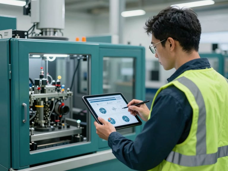 Engenheiro com tablet em mãos, analisando dados de performance em tempo real de uma máquina industrial, com fundo desfocado de equipamentos, deep teal e safety green accents.