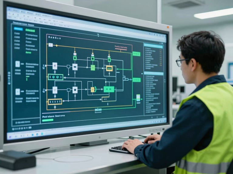 Engenheiro analisando um diagrama de fluxo de processo complexo em uma tela grande, em um ambiente industrial limpo, com iluminação fria, deep teal e safety green accents.