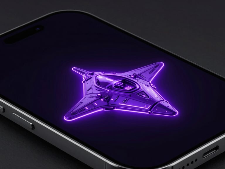 Macro close-up of a dark smartphone screen showing a glowing purple starship cockpit, neon violet backlighting, crisp 3D render