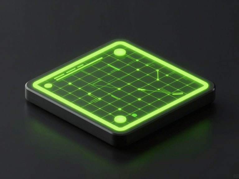 Isometric device mockup on a dark reflective surface, displaying a vibrant green cyber-lime tactical grid game interface, moody digital glow