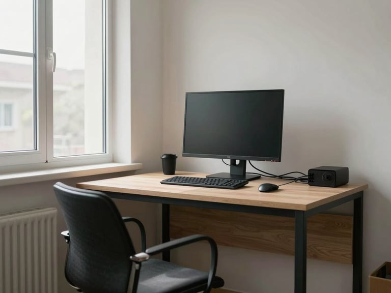 Wide environmental shot of an unoccupied well-lit home office setup — clean desk, monitor, organised cables, natural daylight from a side window, head-on framing, no people